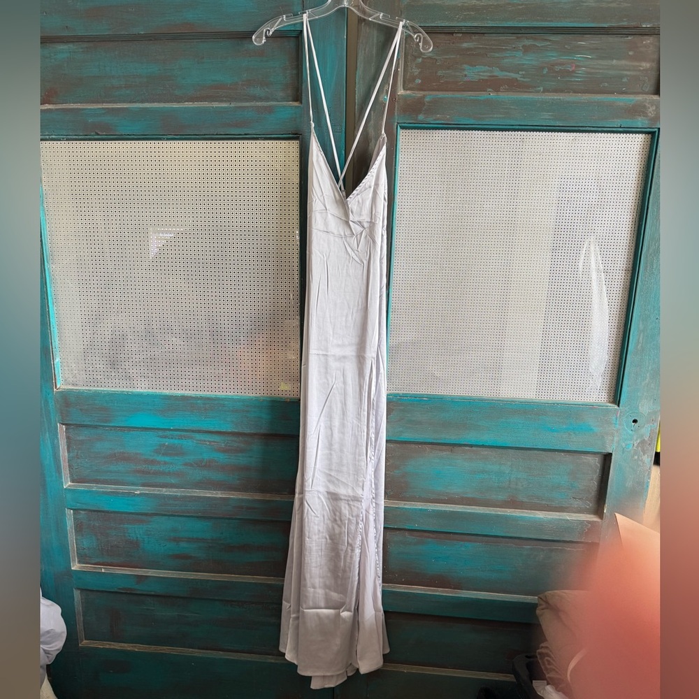 Elegant Silver Silky Maxi Slip Dress